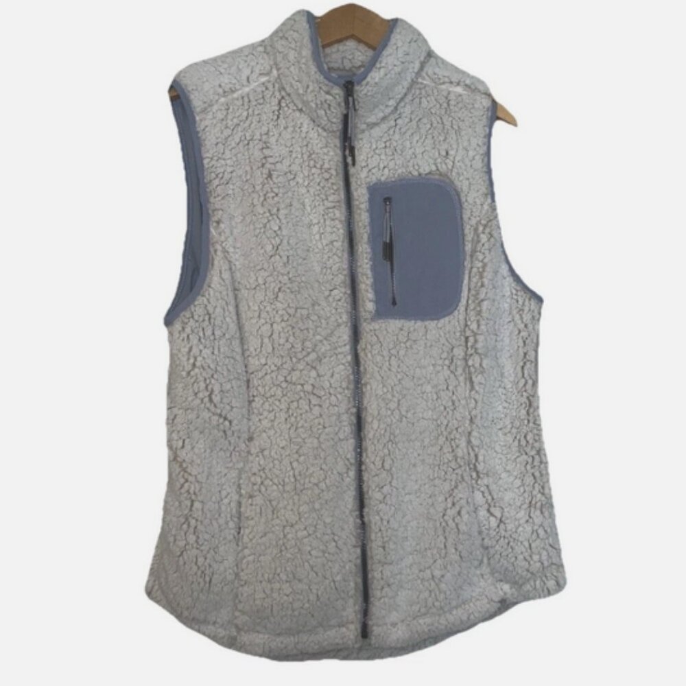 Halcyon Sherpa Vest Large Women's Ivory /Blue ~ Pockets Granola Cozy